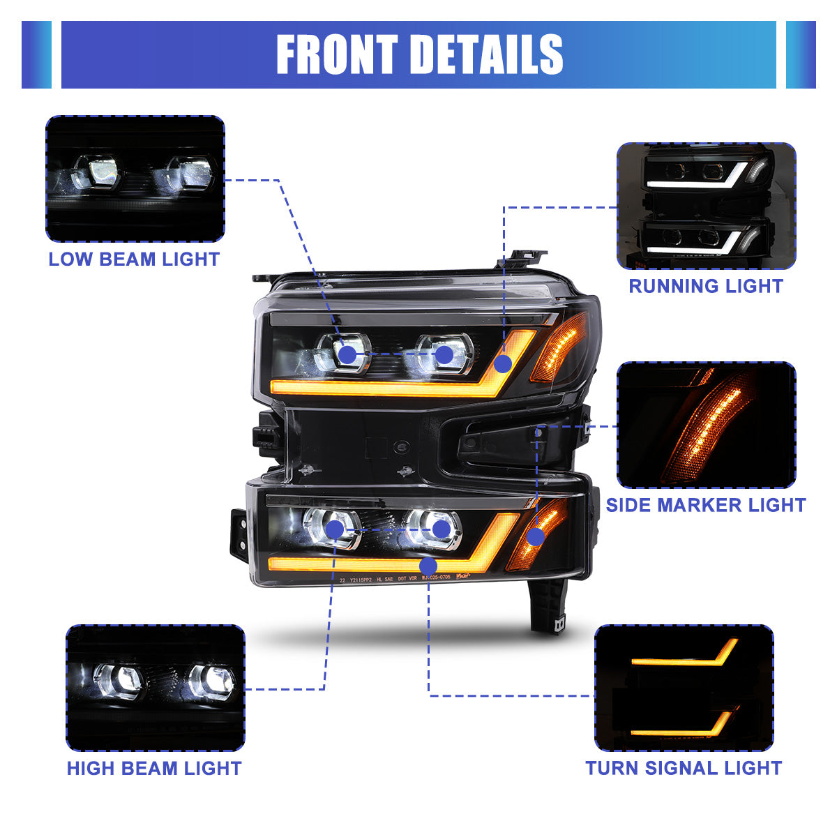 For 2019-2021 Chevy Silverado 1500/2022 Chevy Silverado 1500 LTD with Factory Halogen  LED Sequential Headlights - Glossy Black / Clear Lens